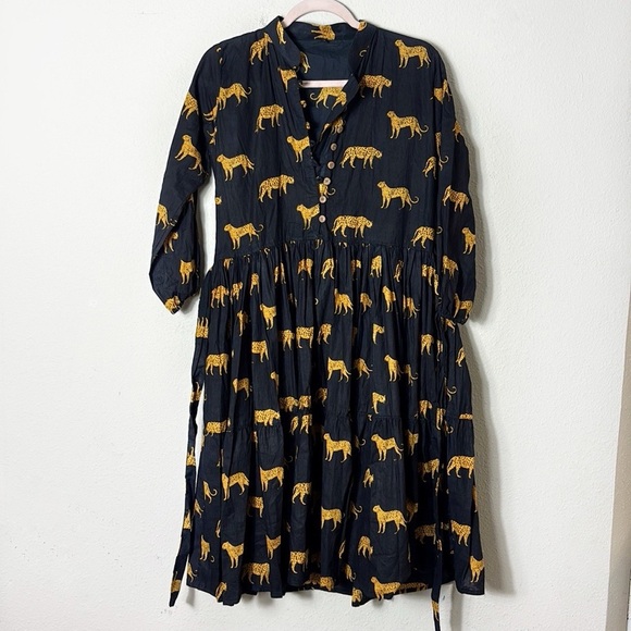 Leopard Cheetah Animal Print Black Yellow Partial Button Down Dress size Medium - Picture 11 of 12